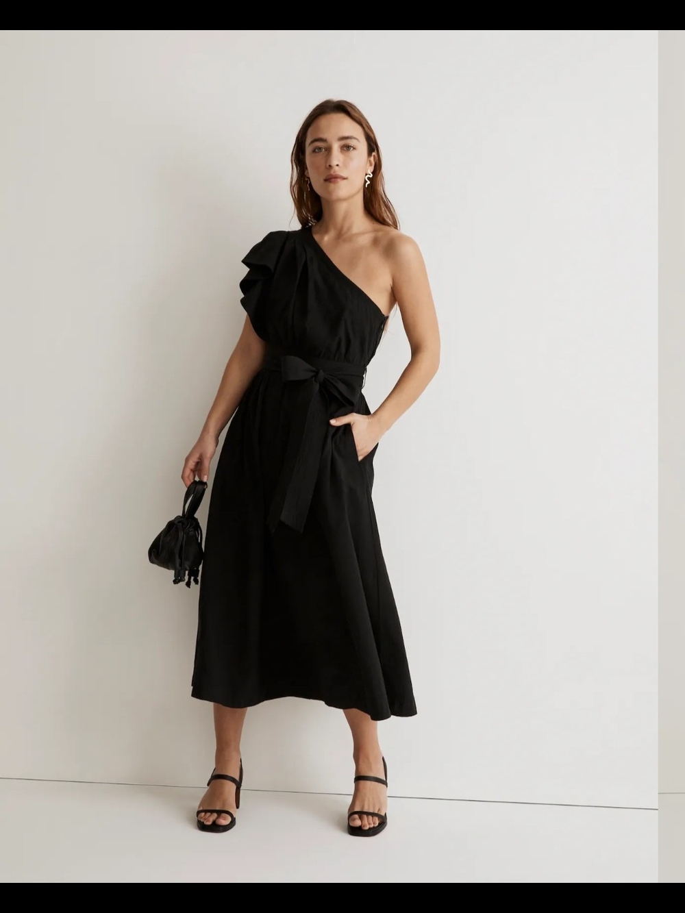 Madewell One-Shoulder Black Midi Dress Cotton  Ruffle Chic